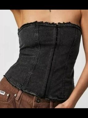 Free People Black Just A Minute Tube Top Strapless Denim Corset L Large